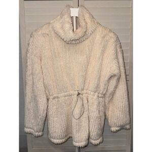 Cupio Blush Pullover Womens Cream Faux Fur Cowl Neck Drawstring Waist Small